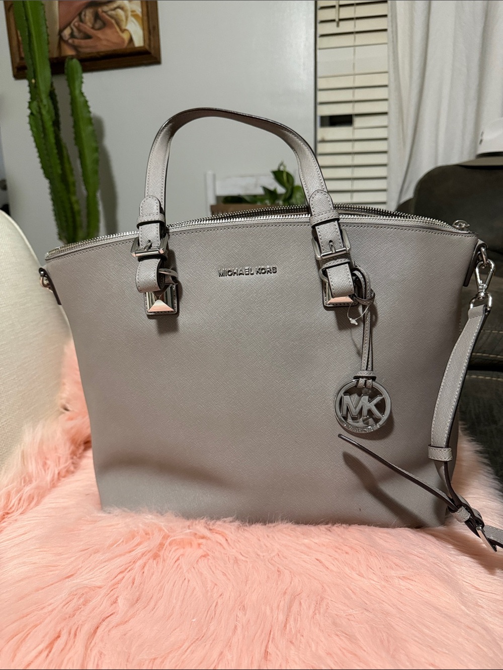 Michael Kors Gray Saffiano Tote with MK Charm